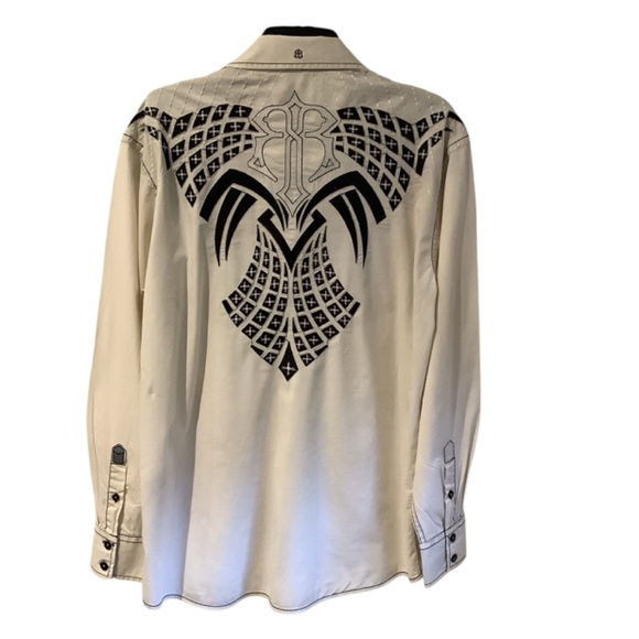 Roar Men's Embroidered Tan/Cream Distressed Long Sleeve Shirt. - Picture 2 of 9